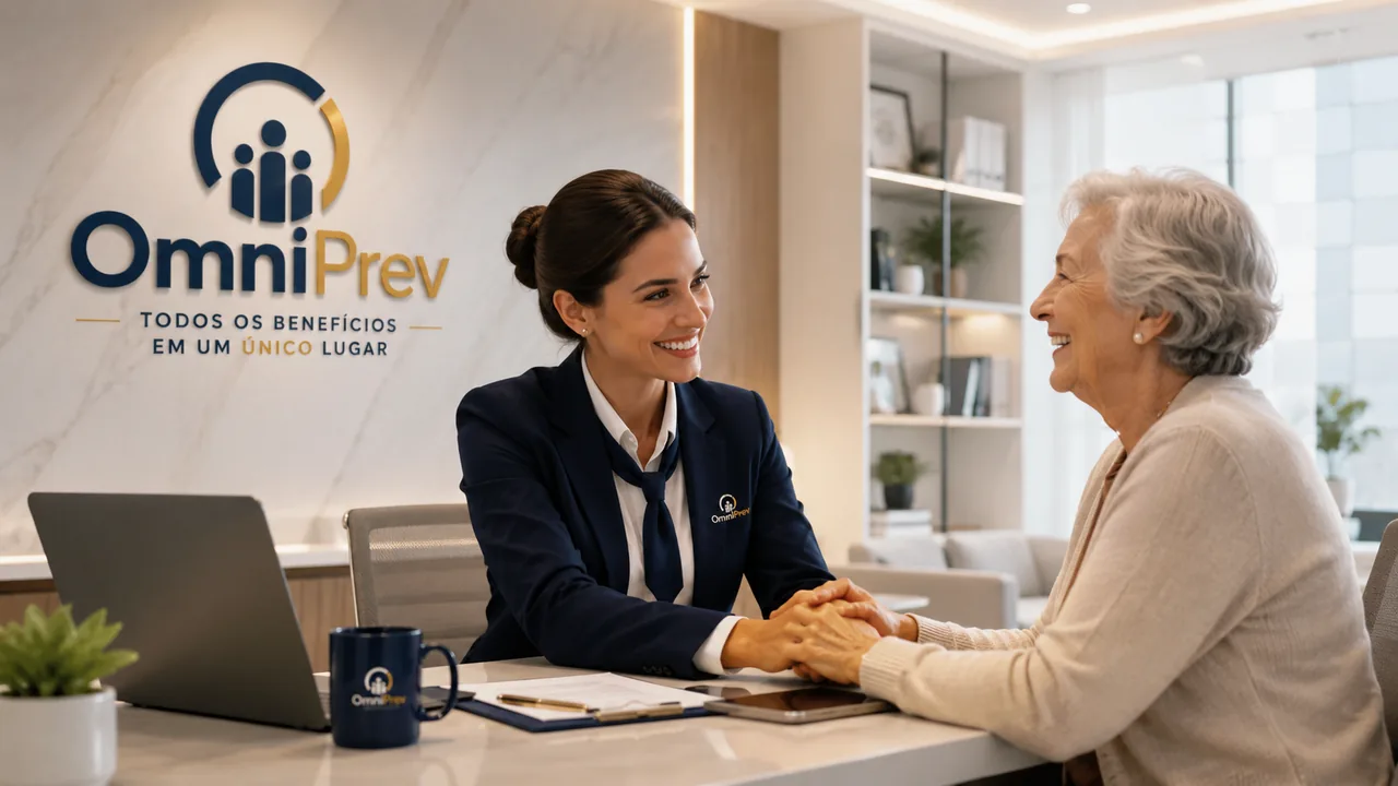 Consultora da Omni Prev em atendimento acolhedor a uma cliente, em escritório claro com o logotipo da empresa na parede.